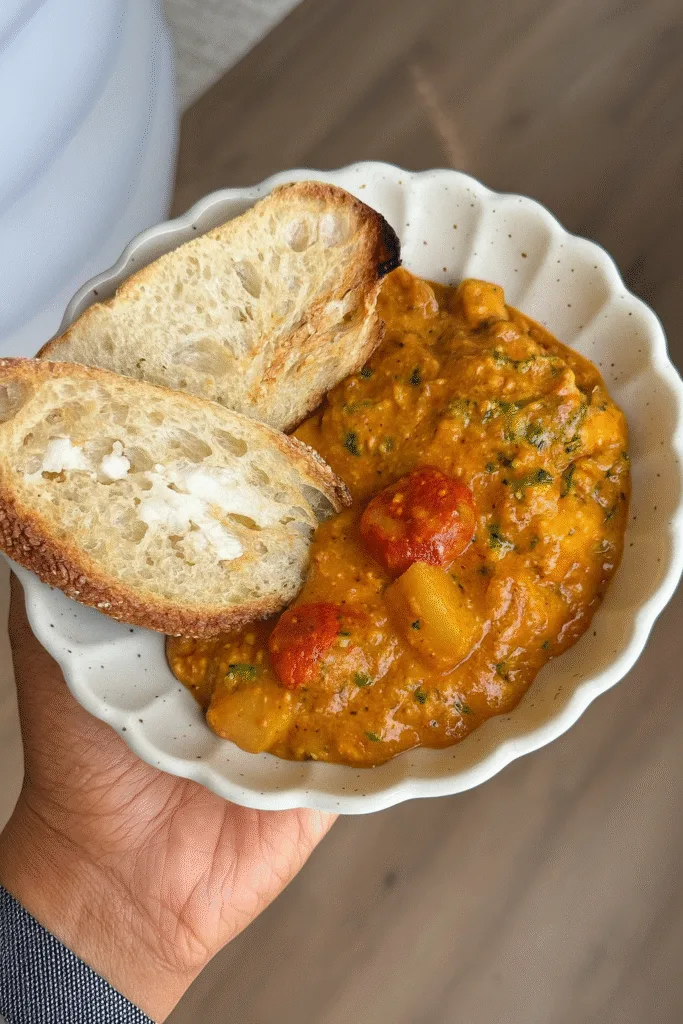Healing Harissa Butter Beans Anti-Inflammatory Stew in a rustic bowl
